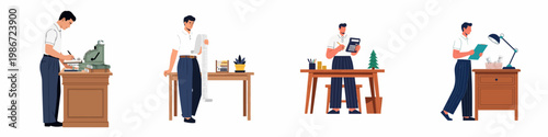Flat Illustration Set of a Man Engaged in Various Accounting and Financial Tasks Including Bookkeeping and Calculating Expenses