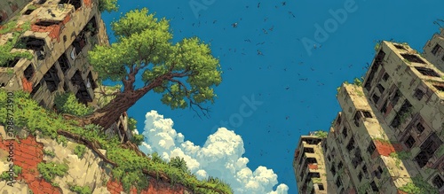 Ruined city overgrown with nature.  