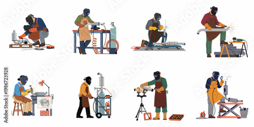 A collection of diverse illustrations showing professional welders working in industrial environments with specialized equipment and safety gear.