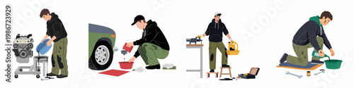 Set of four illustrations depicting a male mechanic performing car maintenance, including engine oil changes, draining used fluid, and workshop repairs.