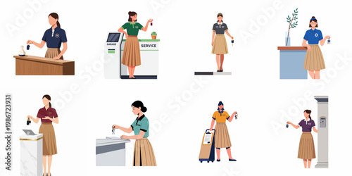 Vector illustrations of female service staff in uniforms holding car keys at dealership or valet reception desks, set against a white background.