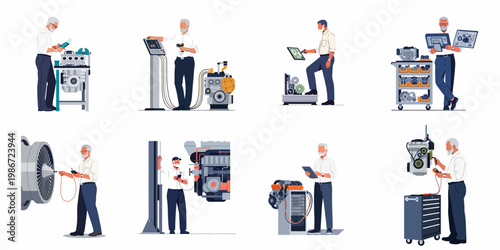 Set of senior male engineers and technicians performing industrial maintenance, mechanical diagnostics, and engine repairs using modern digital tablets and technology.