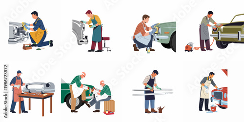 Collection of flat illustrations showing professional mechanics and car enthusiasts detailing, polishing, and maintaining vintage automobiles in a workshop setting.