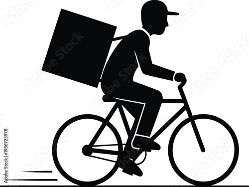 Man riding bicycle with box on back fast on road