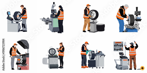 Set of professional auto mechanics operating tire balancing and mounting machines in a workshop, flat vector illustrations isolated on white background.