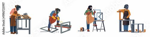 Set of illustrations depicting professional female welders in protective gear working with metal and sparks on white background.