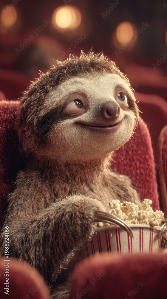 Fototapeta premium Cute Sloth Watching Movie with Popcorn – Generative AI