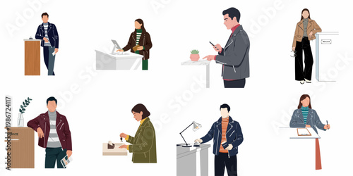 Set of flat vector illustrations featuring stylish people at reception desks, checking into hotels, making payments, and utilizing various customer service counters.