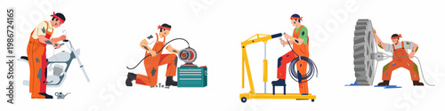 Set of four vector illustrations depicting mechanics in orange overalls performing various repair tasks on motorcycles, engines, and heavy machinery.