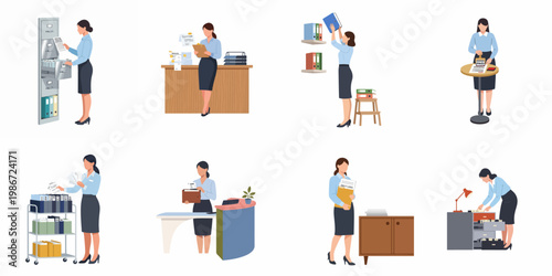 Flat Illustration Set of a Professional Office Clerk Performing Various Administrative Tasks Like Filing, Organizing Documents, and Managing Invoices