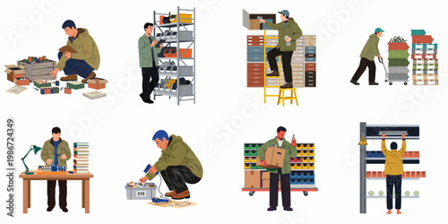 Set of warehouse workers managing inventory, organizing stock, and scanning items in various storage settings.