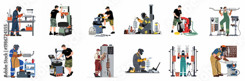 Collection of flat vector illustrations depicting professional car mechanics performing various tasks like welding, tire changing, and exhaust system repair in a workshop.