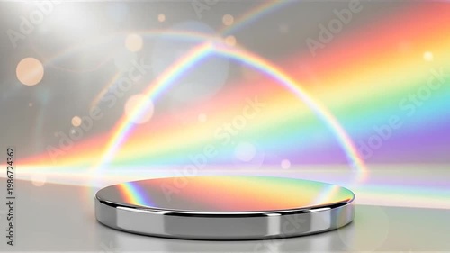 Metallic circular podium reflecting intersecting rainbows and colorful light on a clean background.