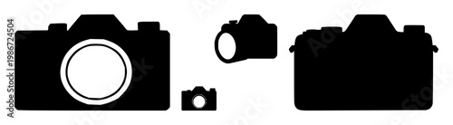 Camera icon set with solid black design against white background featuring photography, camera, icon with minimalistic and vector style