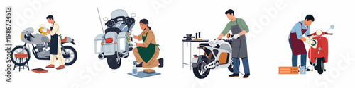 Set of flat vector illustrations depicting people cleaning and maintaining various motorcycles and a scooter.