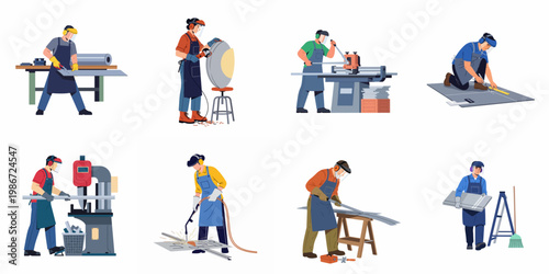 Professional industrial workers performing metalworking tasks like welding, cutting, and grinding in a workshop, wearing protective safety gear and using specialized tools.