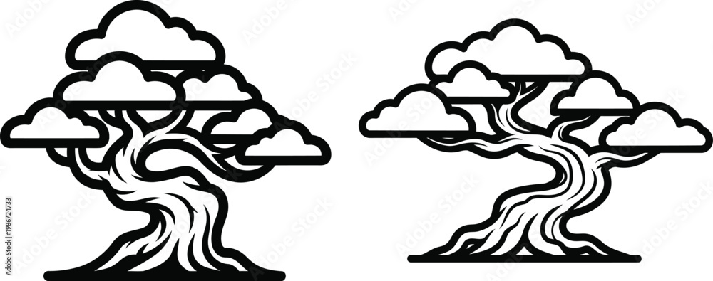 Fototapeta premium Tree with clouds on top and twisted roots on white background