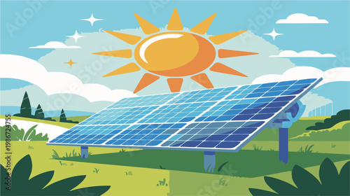 Solar panel array illustration in green landscape under bright sun, renewable energy, sustainability, clean electricity, eco‑friendly technology, and modern environmental conservation concept
