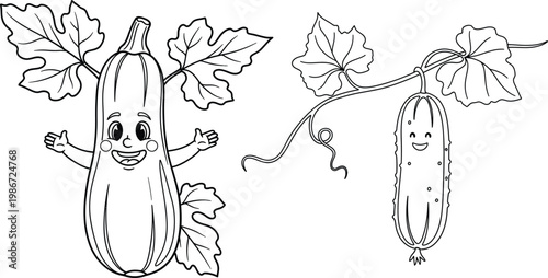 Happy cartoon zucchini character next to cucumber with black and white vegetable patch zucchini