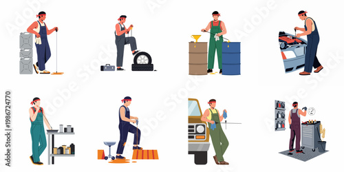 Vector illustrations set of a car mechanic performing various maintenance tasks like checking oil, engine repair, and tire service in an auto shop.