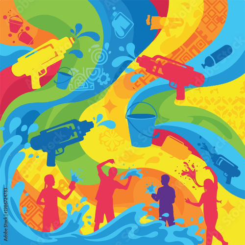 A colorful illustration of people engaging in a water gun fight