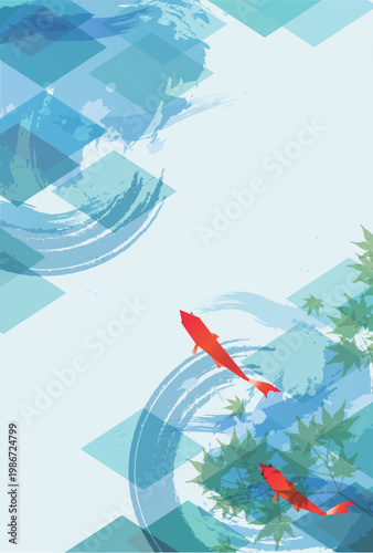 Japanese style artistic background with koi fish and maple leaves