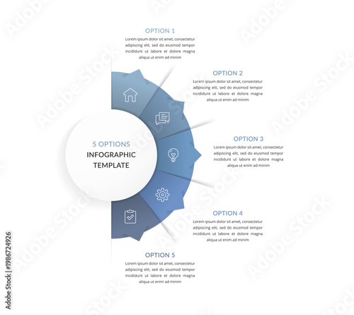 Semicircular infographic template with five options, segmented layout and icons