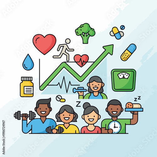 A colorful illustration of people exercising and healthy living