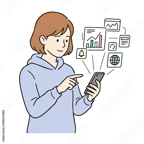 スマートフォンを操作する女性の線画イラスト｜Mobile User Woman Line Art, vector｜デジタル・ビジネス・マーケティング概念素材・ベクター・カラー