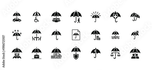 Collection of 20 umbrella icons depicting various insurance and protection concepts including car medical financial and legal security on white background.