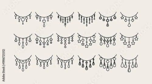 Set of minimalist jewelry border elements with delicate dangling charms and simple line art ornaments including stars hearts and beads for elegant feminine graphic design projects and decor