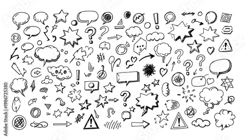 Doodle elements collection including speech bubbles arrows stars and question marks for comic design and creative layouts hand drawn sketch set isolated on white background for web graphics.