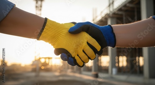 Two Workers Shaking Hands In Construction Site With Gloves On