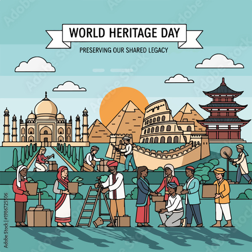 A colorful illustration of people preserving historical sites