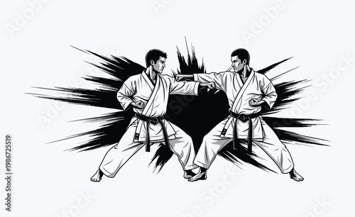 Karate martial arts fighters vector illustration with action splash background showing black belt masters training together in traditional white kimono uniform for sport competition design