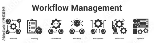 Workflow Management web banner icon set vector illustration concept for business with icon of Workflow, Planning, Optimization, Efficiency, Manageme.