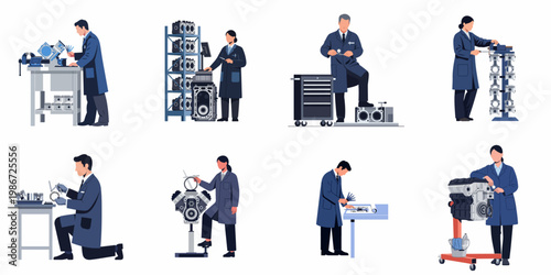 Set of professional automotive engineers and mechanics working on engine assembly, maintenance, and quality control in a factory environment.