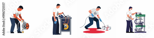 Vector illustrations of an industrial worker or mechanic performing various maintenance tasks, including brake system repairs and operating heavy machinery in a workshop.
