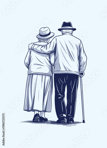 Elderly couple walking together hand in arm back view illustration showing retirement life senior citizens lifestyle support aging population concepts romantic old pair stroll blue monochrome