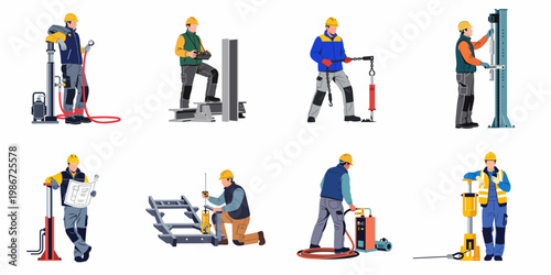Collection of vector illustrations depicting industrial workers and technicians in safety gear performing various tasks with professional machinery and tools on white background.