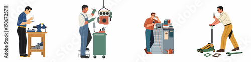 Set of four flat vector illustrations featuring male mechanics and engineers working in an automotive workshop or garage on engines and car parts.