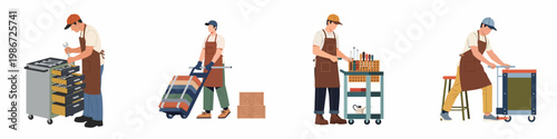 Set of professional male workers and craftsmen in aprons using tools, carts, and equipment in a workshop or warehouse setting.