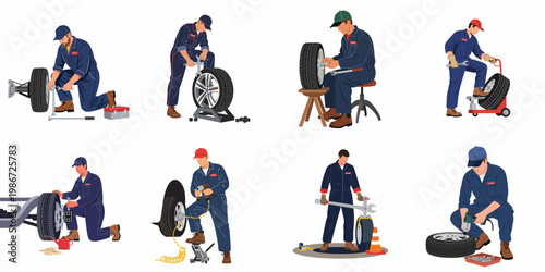 Collection of male mechanics in blue overalls performing professional car tire repair, maintenance, and balancing services using various tools.