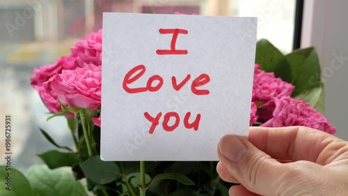 I love you card and beautiful many pink roses bunch on white background