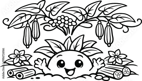 Smiling cartoon vegetable emerging from ground with black and white vegetable patch food ingredien