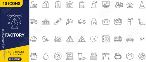 Diverse collection of 40 factory and industrial line icons, depicting manufacturing processes, production, engineering, safety, and essential infrastructure elements in an editable vector format