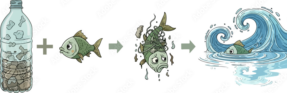 Fototapeta premium Ocean plastic pollution infographic vector, sea fish eating microplastics in water, environmental waste impact on marine life illustration