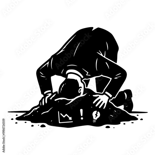black and white icon of an ostrich with its head buried in the ground. A classic metaphor for denial, ignoring problems, business failure, and psychological avoidance.

