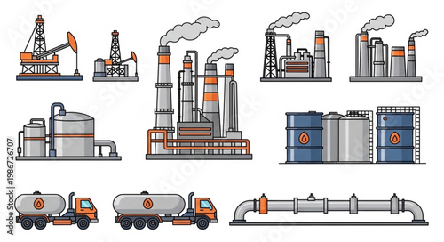 Oil and Gas Industry Infrastructure - Rigs, Refineries, Storage, and Transportation.