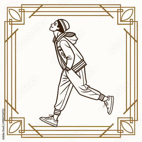 Stylish line art illustration of a young person walking in casual wear within